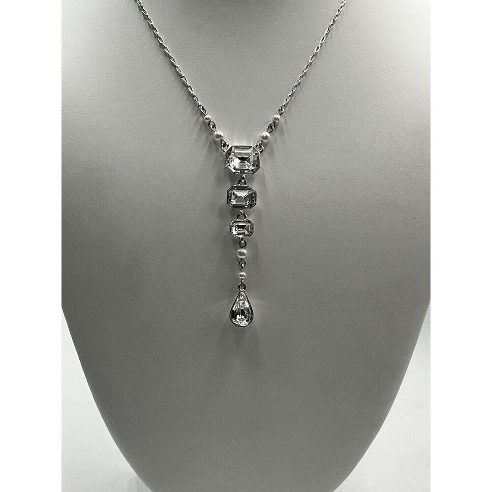 Givenchy Vintage Silver Tone Sparkling Rhinestone Faux Pearl Y Drop‎ Necklace - Picture 14 of 14